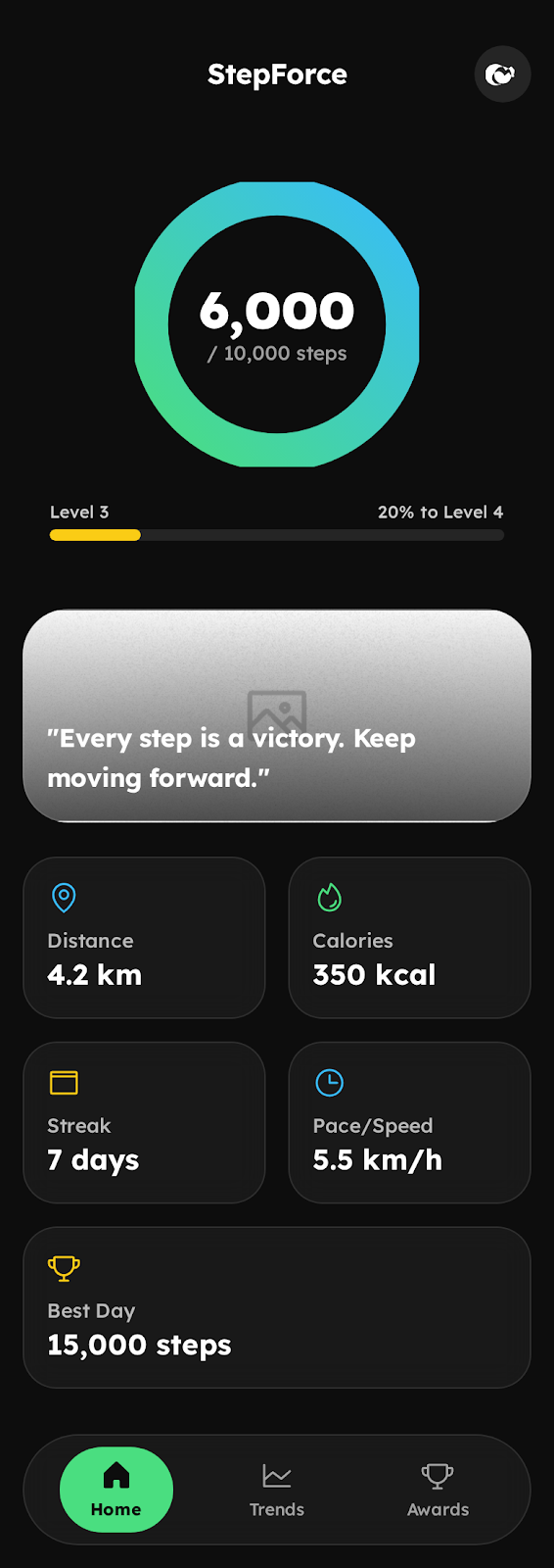 StepForce dashboard showing daily steps, goal progress and walking metrics